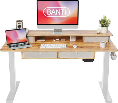 BANTI Height Adjustable Electric Standing Desk with 4 Drawers, 55 x 24 Inch Table with Storage Shelf, Sit Stand Desk, Light Rustic Brown Top