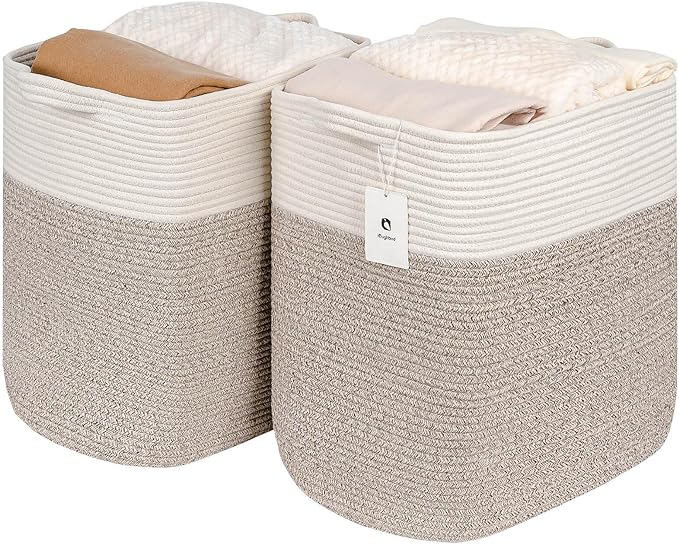 Toy Storage Baskets for Clothes Fabric Cotton Rope Storage Basket with Handles, Decorative Woven Basket for Living Room,Closet Organizer Blankets, and Toys (White Brown 2bags)