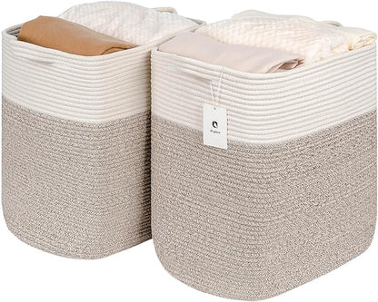 Toy Storage Baskets for Clothes Fabric Cotton Rope Storage Basket with Handles, Decorative Woven Basket for Living Room,Closet Organizer Blankets, and Toys (White Brown 2bags)