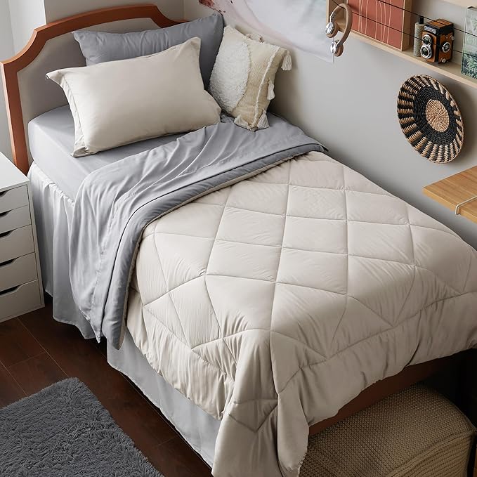 Bedsure Beige Twin XL Comforter Sets - 5 Pieces Reversible Twin XL Bedding Sets, Bed Sets Comforters, Sheets, Pillowcase & Sham, Grey XL Twin Bed in a Bag for College
