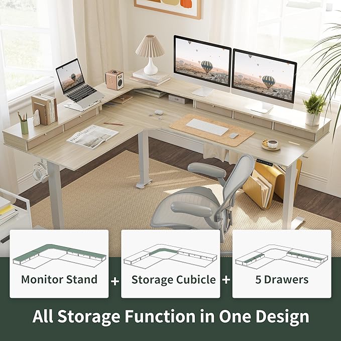 FEZIBO 75 Inches Triple Motor L Shaped Standing Desk Reversible, Electric Height Adjustable Corner Stand up Desk, Sit Stand Desk Computer Workstation, White Frame/Light Walnut Top