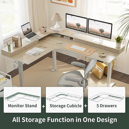 FEZIBO 75 Inches Triple Motor L Shaped Standing Desk Reversible, Electric Height Adjustable Corner Stand up Desk, Sit Stand Desk Computer Workstation, White Frame/Light Walnut Top