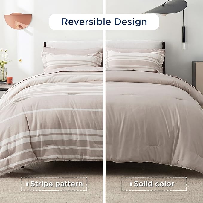 Bedsure Bed in a Bag Twin Size 5 Pieces, Light Camel White Striped Bedding Comforter Sets All Season Bed Set with 1 Pillow Sham, Flat Sheet, Fitted Sheet and 1 Pillowcase