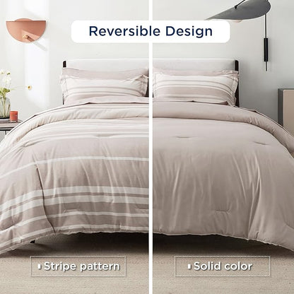 Bedsure Bed in a Bag Full Size 7 Pieces, Light Camel White Striped Bedding Comforter Sets All Season Bed Set, 2 Pillow Shams, Flat Sheet, Fitted Sheet and 2 Pillowcases