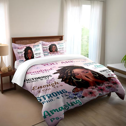 Kids Comforter Sets Full Size, Prayer Girl and African American Girl Inspirational Quotes with Floral Butterfly, Teens Bedding Sets for Girls Women (Full, Pink White)