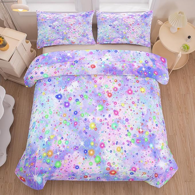 Girls Queen Comforter Set, Purple Blue Tie Dye Comforter, Colorful Glitter Comforter Set, Girls Bedding Sets for Kids Teens (3 Pieces, 1 Comforter + 2 Pillowcases)