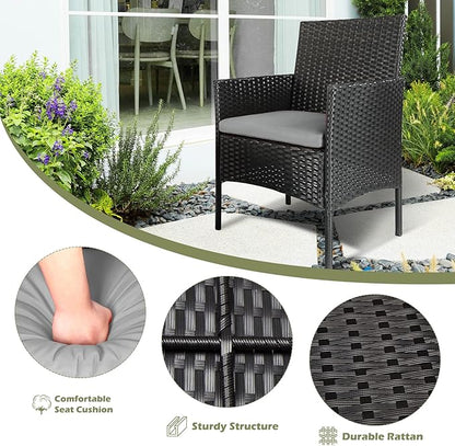 Patio Furniture Set 3 Pieces All-Weather Rattan Outdoor Furniture Patio Chairs with Tempered Glass Table for Porch Bistro Balcony Bistro Set(Black/Grey-2)
