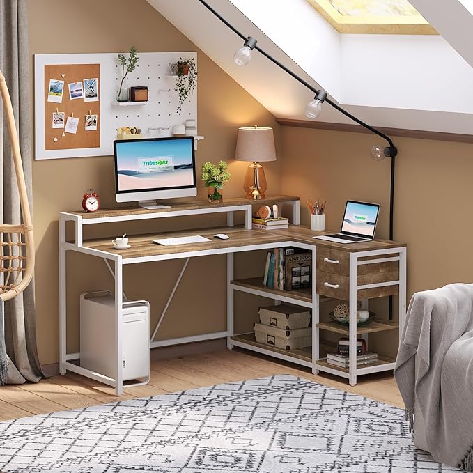 Reversible L-Shaped Computer Desk with hutch & Shelf,white