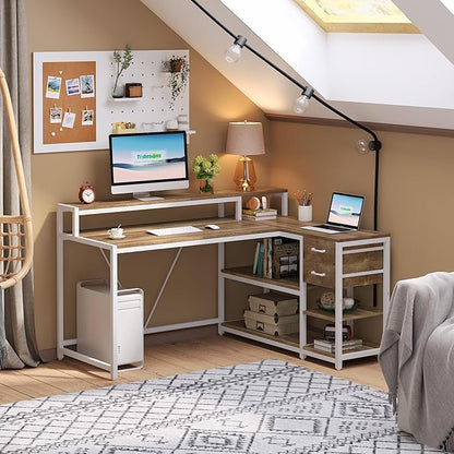 Reversible L-Shaped Computer Desk with hutch & Shelf,white