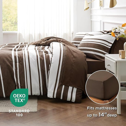 Bedsure Bed in a Bag Queen Size 7-Piece Brown White Striped Bedding Comforter Sets All Season Bed Set, 2 Pillow Shams, Flat Sheet, Fitted Sheet and 2 Pillowcases