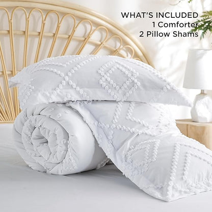 Bedsure Boho Comforter Set Full - Linen Tufted Bedding Comforter Set, 3 Pieces Farmhouse Shabby Chic Embroidery Bedding Set, Soft Geometric Pattern Comforter for All Seasons