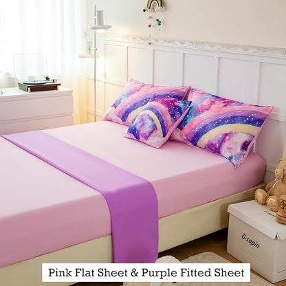 6Pcs Teen Pink Bedding Set Full for Girls, 3D Tie Dye Comforter Pink Colorful Rainbow Kids Comforter Set, Ultra Soft Pastle Nebula Printed Bed in A Bag with Sheets