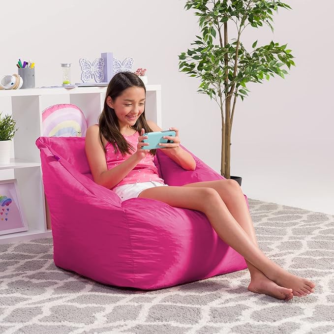 Posh Creations Coronado Bean Bag Boys and Girls Large Chair for Kids, for Gaming and Playrooms, Soft Nylon-Pink