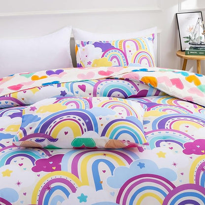 Btargot Lightweight Soft 3 Piece Rainbow Comforter Set with 2 Pillow Covers, Cartoon Love Hearts Flowers and Sun Star Bedding Set for Girls Boys Kids,Queen Light Purple