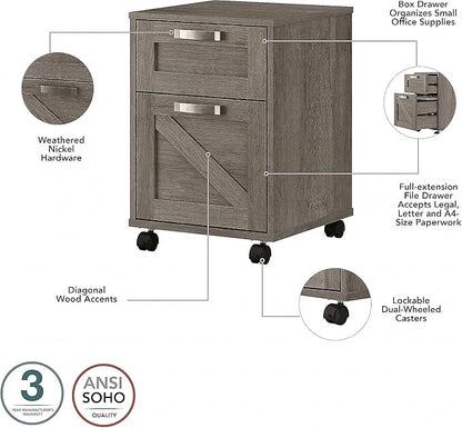 Bush Furniture Knoxville 2 Drawer Mobile File Cabinet, Rolling Document Storage for Home Office, Restored Gray