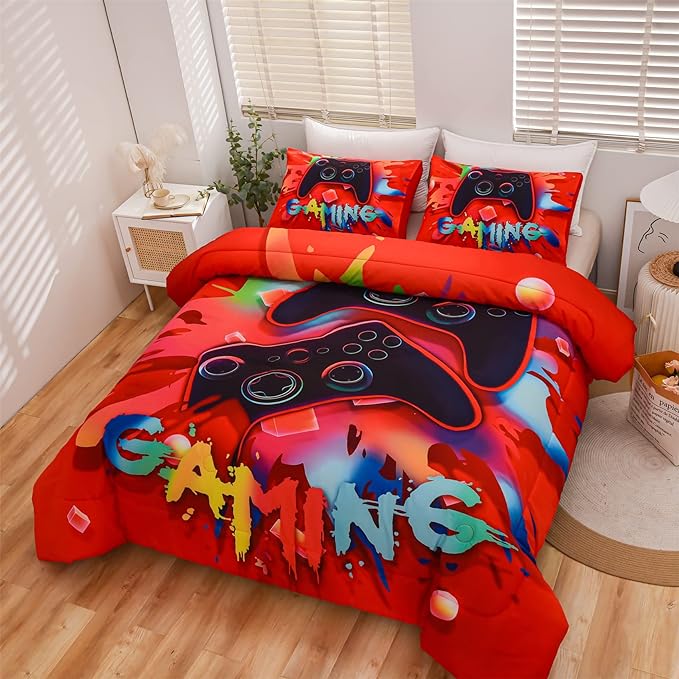 Aimuan Gaming Comforter Sets for Boys Kids Bedding Sets Video Games Console Action Buttons Novelty Colorful Game Gamepad Controller Modern Gamer Room Decor Home Quilt Set (Twin, Red)