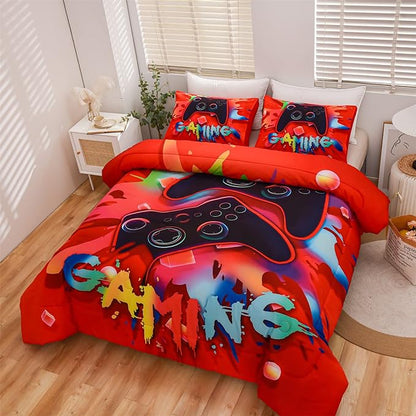 Aimuan Gaming Comforter Sets for Boys Kids Bedding Sets Video Games Console Action Buttons Novelty Colorful Game Gamepad Controller Modern Gamer Room Decor Home Quilt Set (Twin, Red)