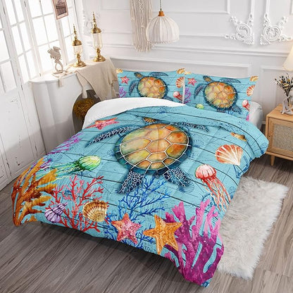Datura home Sea Turtle Bedding Comforter Set Sea Turtle Ocean Beach Printed Pattern Bedding Set with 1 Comforter and 2 Pillowcases for Boys Bedroom All Season(Sea Turtle Queen), Queen 90x90inches