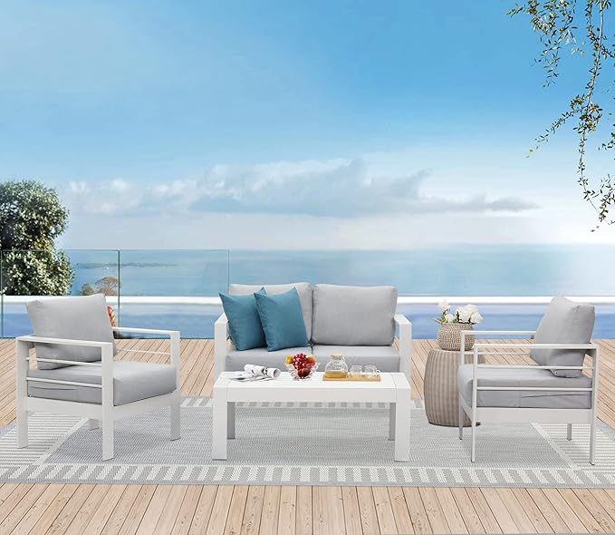 Solaste Outdoor Aluminum Furniture Set - 4 Pieces Patio Sectional Chat Sofa Conversation Set with Table,White