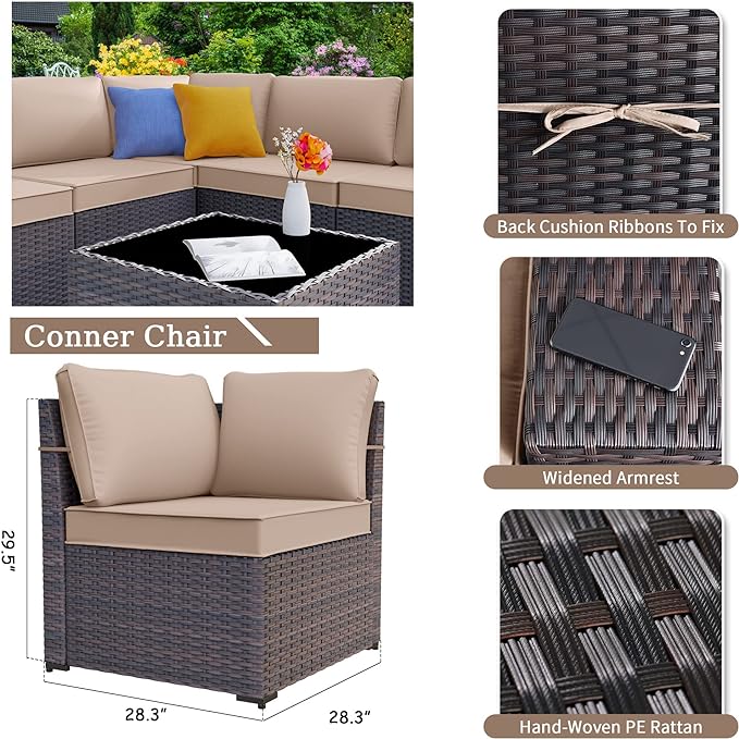 Patio Furniture Sectional Sofa Set 7-Pieces PE Rattan Patio Conversation Set w/43in Gas Fire Pit Table, Outdoor Furniture with 55000 BTU Propane Fire Pit, Sand