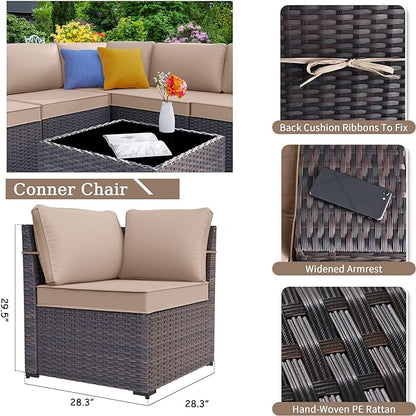 Patio Furniture Set Sofa 6-Piece Wicker Sectional Sofa Set, Outdoor Furniture Rattan Patio Sofa Conversation Set with Thickened Cushions and Glass Coffee Table, Sand