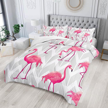 Flamingo Comforter Set Queen Size Tropical Flamingo Geometric Stripe Bedding Set Flamingo Quilted Duvet for Kids Girls Boys Adult with 1 Comforter and 2 Pillowcases