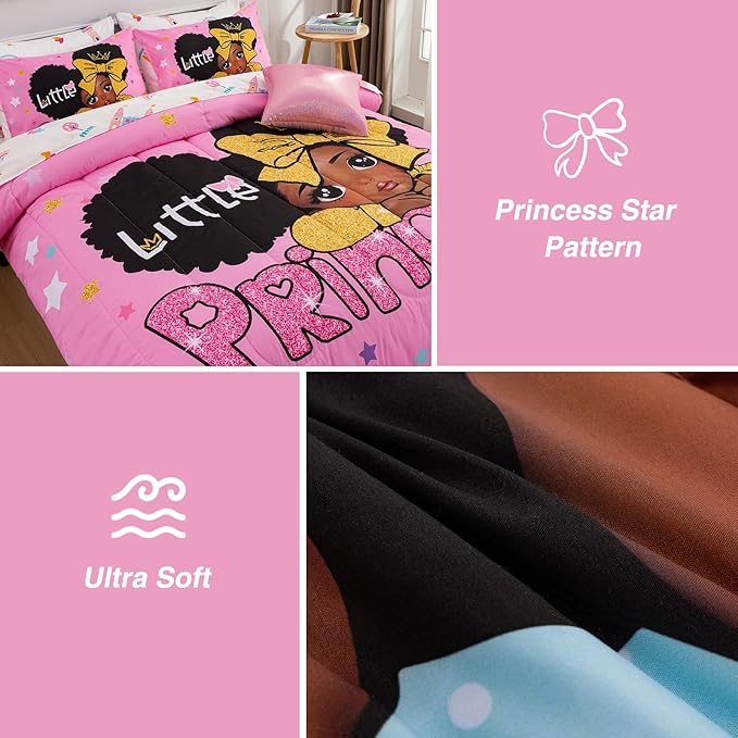 A Nice Night Black Girl Little Princess Comforter Set, Pink 6Pcs Bed in A Bag Full Size Sparkling Stars Bedding Set,for Kids, Girls