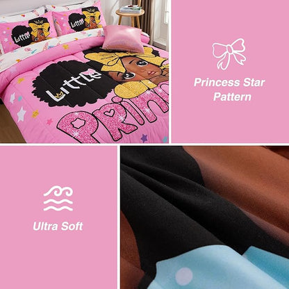 A Nice Night Black Girl Little Princess Comforter Set, Pink 6Pcs Bed in A Bag Full Size Sparkling Stars Bedding Set,for Kids, Girls