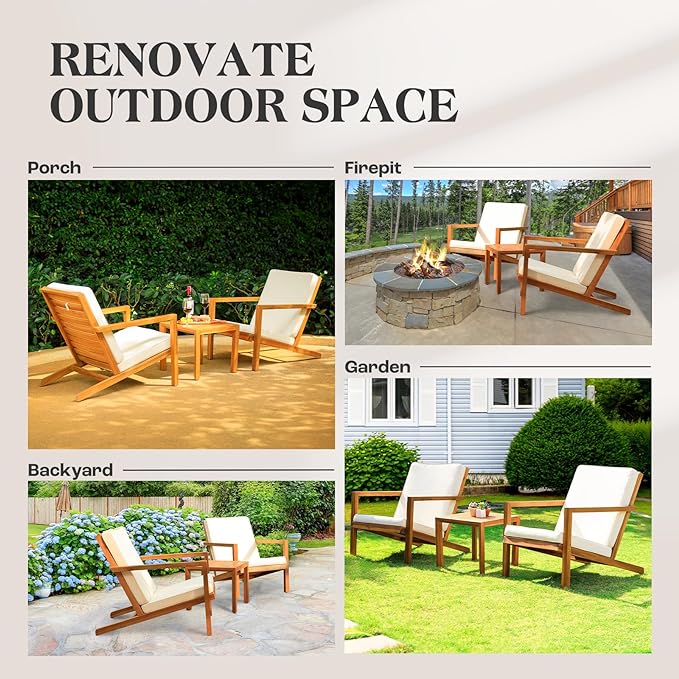 Eleve 400lbs Capacity Outdoor Set of 2 with Wooden Side Table, FSC Certified Acacia Wood Patio Furniture Set for Firepit Porch, Large, Slanted Backrest Club Chair
