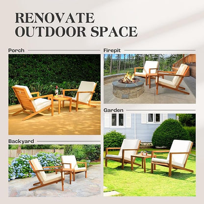 Eleve 400lbs Capacity Outdoor Set of 2 with Wooden Side Table, FSC Certified Acacia Wood Patio Furniture Set for Firepit Porch, Large, Slanted Backrest Club Chair