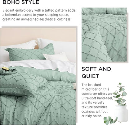 Bedsure Queen Comforter Set - Sage Green Comforter, Boho Tufted Shabby Chic Bedding Comforter Set, 3 Pieces Vintage Farmhouse Bed Set for All Seasons, Fluffy Soft Bedding Set with 2 Pillow Shams