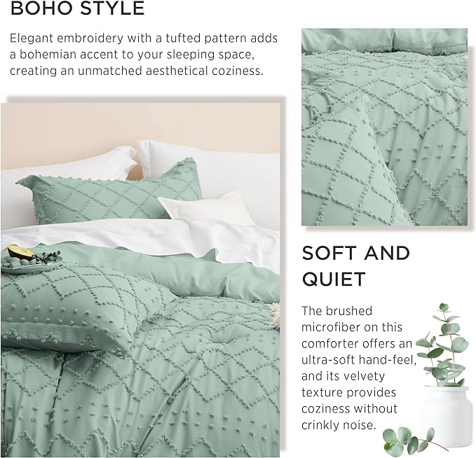 Bedsure California King Comforter Set - Sage Green Comforter, Boho Tufted Shabby Chic Bedding Comforter Set, 3 Pieces Farmhouse Bed Set for All Seasons, Fluffy Soft Bedding Set with 2 Pillow Shams