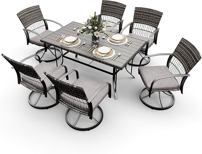 Pamapic 7 Piece Patio Dining Set for 6,Wicker Outdoor Furniture Set for Backyard Garden Deck Poolside with Iron Slats Table Top,6 Cushions Swivel Rocker Chairs,Removable Cushions(Gray)