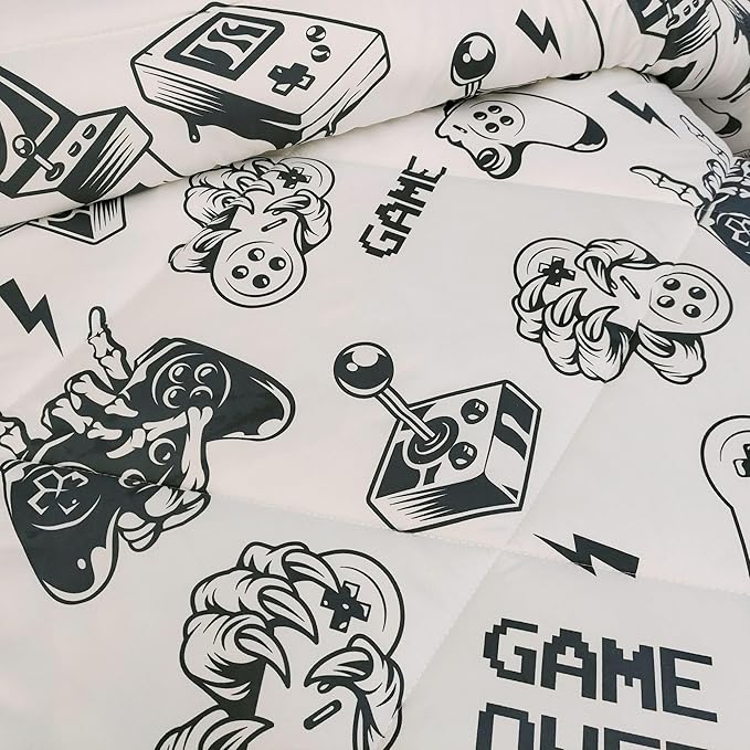 3PCS White Gamer Comforter Set Twin for Boys Girls Teens and Kids, Soft Microfiber Gamer Twin Quilt Bedding Set, Bed in a Bag Lightweight Summer Comforter, Twin