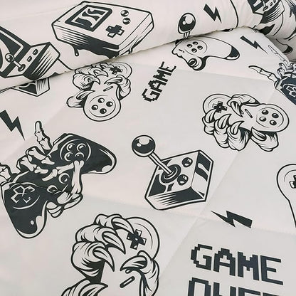 3PCS White Gamer Comforter Set Twin for Boys Girls Teens and Kids, Soft Microfiber Gamer Twin Quilt Bedding Set, Bed in a Bag Lightweight Summer Comforter, Twin