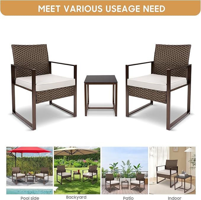 YIYAN Patio Furniture Set 3 Pieces Outdoor Rattan Chair Wicker Sofa Garden Conversation Bistro Sets with Coffee Table,Comfortable Washable Cushions (White)