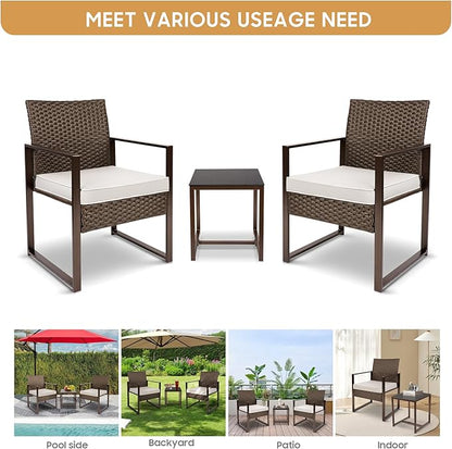 YIYAN Patio Furniture Set 3 Pieces Outdoor Rattan Chair Wicker Sofa Garden Conversation Bistro Sets with Coffee Table,Comfortable Washable Cushions (White)