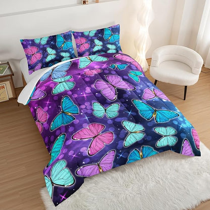HOSIMA Butterfly Comforter Set with 2 Pillowcases,Glitter Purple Blue Butterfly Printed Bedding Set Twin Bed in A Bag Sets for Adults Kids,Starry Sky Galaxy Comforter Butterfly Room Decor Aesthetics.