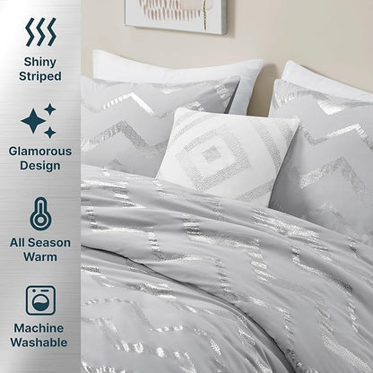 Codi Grey Queen Comforter Set, Silver Print Bedding Sets for Queen Size Bed - 4 Piece includes 1 Queen/Full Comforter with 1 Decorative Pillow and 2 Pillow Cases - All Season Warm