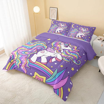 Unicorn Comforter King Size,Rainbow Unicorn Comforter Set for Kids Teens Girls,3Pcs Bedding Set Printed Comforter with 2 Pillowcases,Down Alternative,Soft and Lightweight(Purple，King Size)