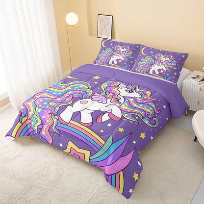 Unicorn Comforter Full Size,Rainbow Unicorn Comforter Set for Kids Teens Girls,3Pcs Bedding Set Printed Comforter with 2 Pillowcases,Down Alternative,Soft and Lightweight(Purple，Full Size)
