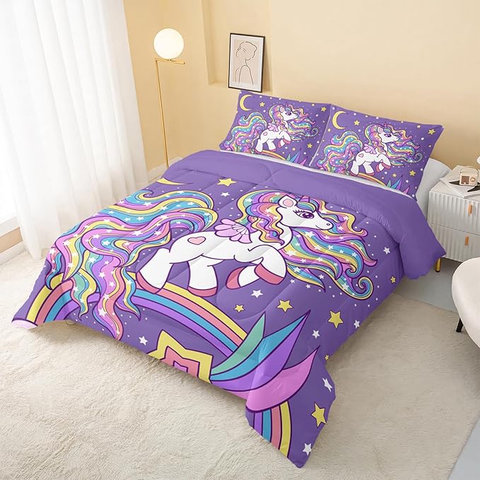 Unicorn Comforter Queen Size,Rainbow Unicorn Comforter Set for Kids Teens Girls,3Pcs Bedding Set Printed Comforter with 2 Pillowcases,Down Alternative,Soft and Lightweight(Purple，Queen Size)