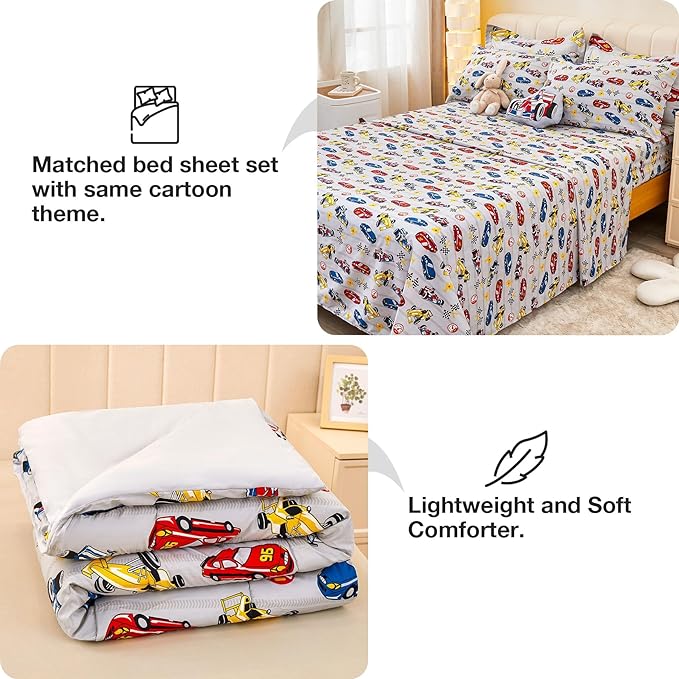Mooreeke Full Size Comforter Sets for Boys Kids, 8 Pieces Bed in a Bag Racing Car Bedding Comforter Sheet Set with Shams and Decorative Toy Pillow, Ultral Soft Microfiber Kids Bed Set