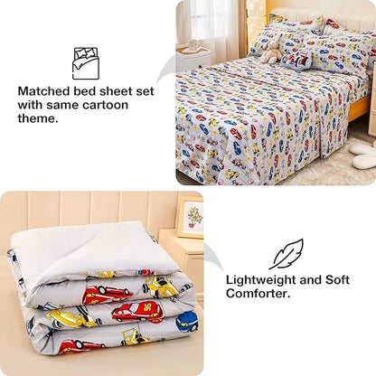 Mooreeke Twin Size Comforter Sets for Boys Kids, 6 Pieces Bed in a Bag Racing Car Bedding Comforter Sheet Set with Shams and Decorative Toy Pillow, Ultral Soft Microfiber Kids Bed Set