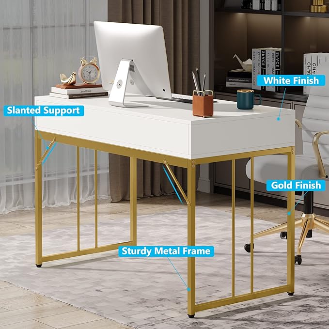 47’’ Computer Desk with 2 Drawers, White Gold Writing Desk Make Up Vanity Table