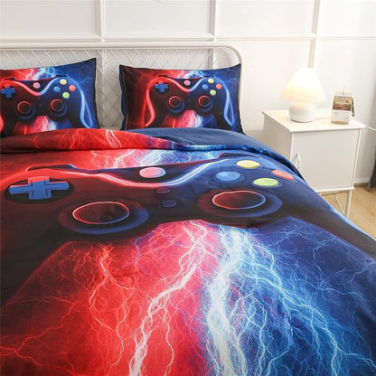 Meeting Story Gamer Gaming Bedding Sets Red-Blue Lightnings Gamepad Comforter Set for Boys Games Console Action Buttons Novelty Colorful Modern Room Decor Home Quilt Set (Red-Blue, Full)