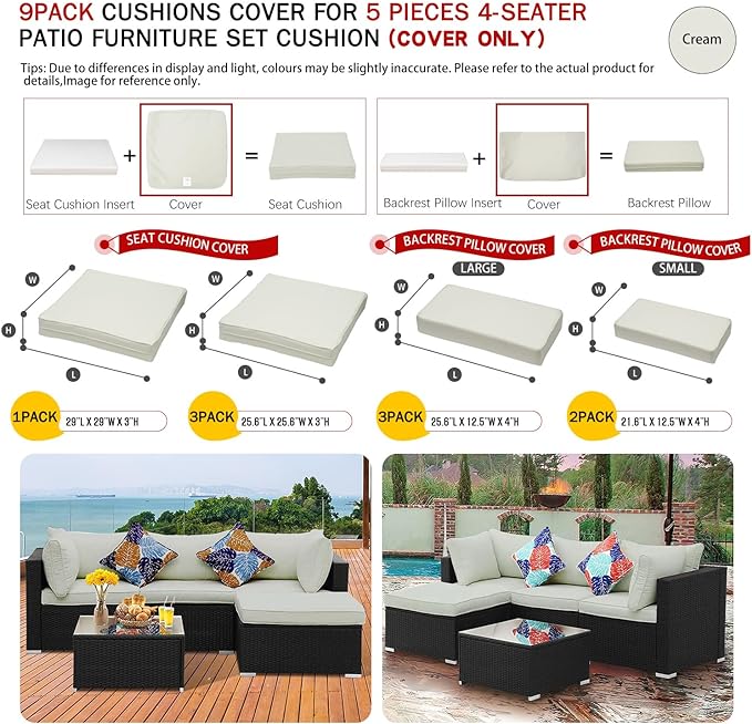 ClawsCover 9Pack Outdoor Seat and Back Cushions Replacement Covers Fit for 5 Pieces 4-Seater Wicker Rattan Furniture Patio Conversation Set Sectional Couch,Cream-Include Cover Only (Large)