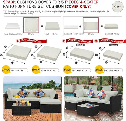 ClawsCover 9Pack Outdoor Seat and Back Cushions Replacement Covers Fit for 5 Pieces 4-Seater Wicker Rattan Furniture Patio Conversation Set Sectional Couch,Cream-Include Cover Only (Large)