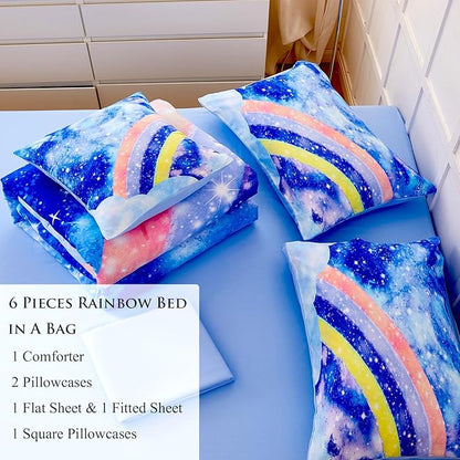 Tie Dye Queen Comforter Sets for Girls 6 Pieces Glitter Rainbow Bed in A Bag for Kids Gradient Galaxy Bed Set Soft Lightweight Colorful Bedding Set for All Season