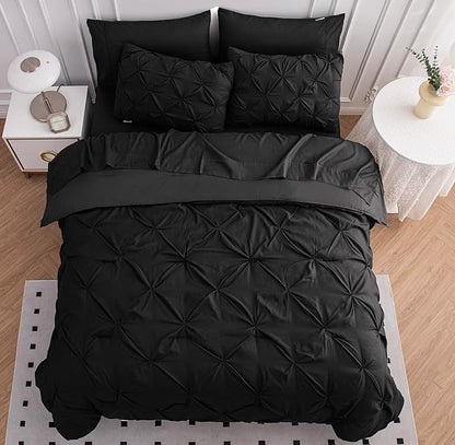 LANE LINEN California King Comforter Set, 7 Piece Cal King Bed in a Bag, Pintuck Cal King Bedding Set, Soft Cali King Bed Set, Cal King Bedding Comforter Sets with Sheets, Pillowcases & Shams - Black
